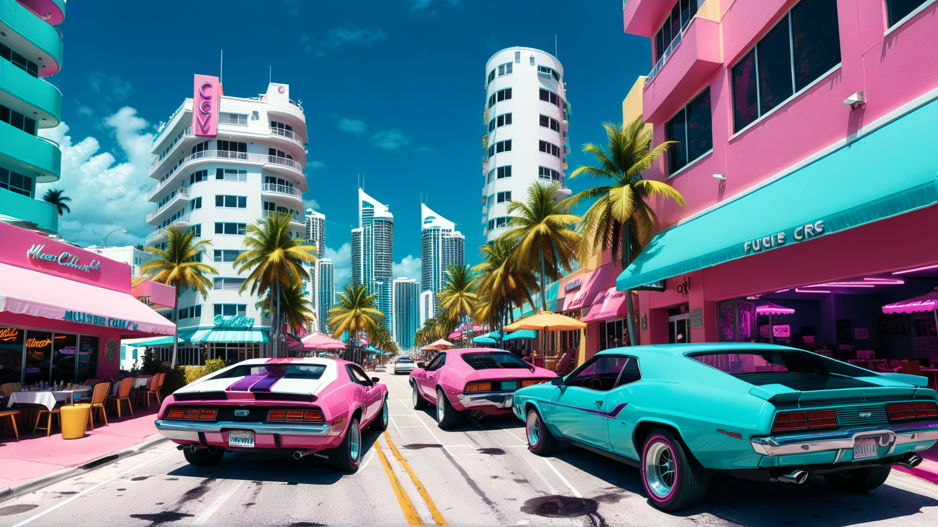 AI generated wallpaper featuring cars, buildings, palm trees