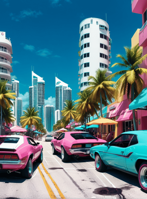 cars, buildings, palm trees