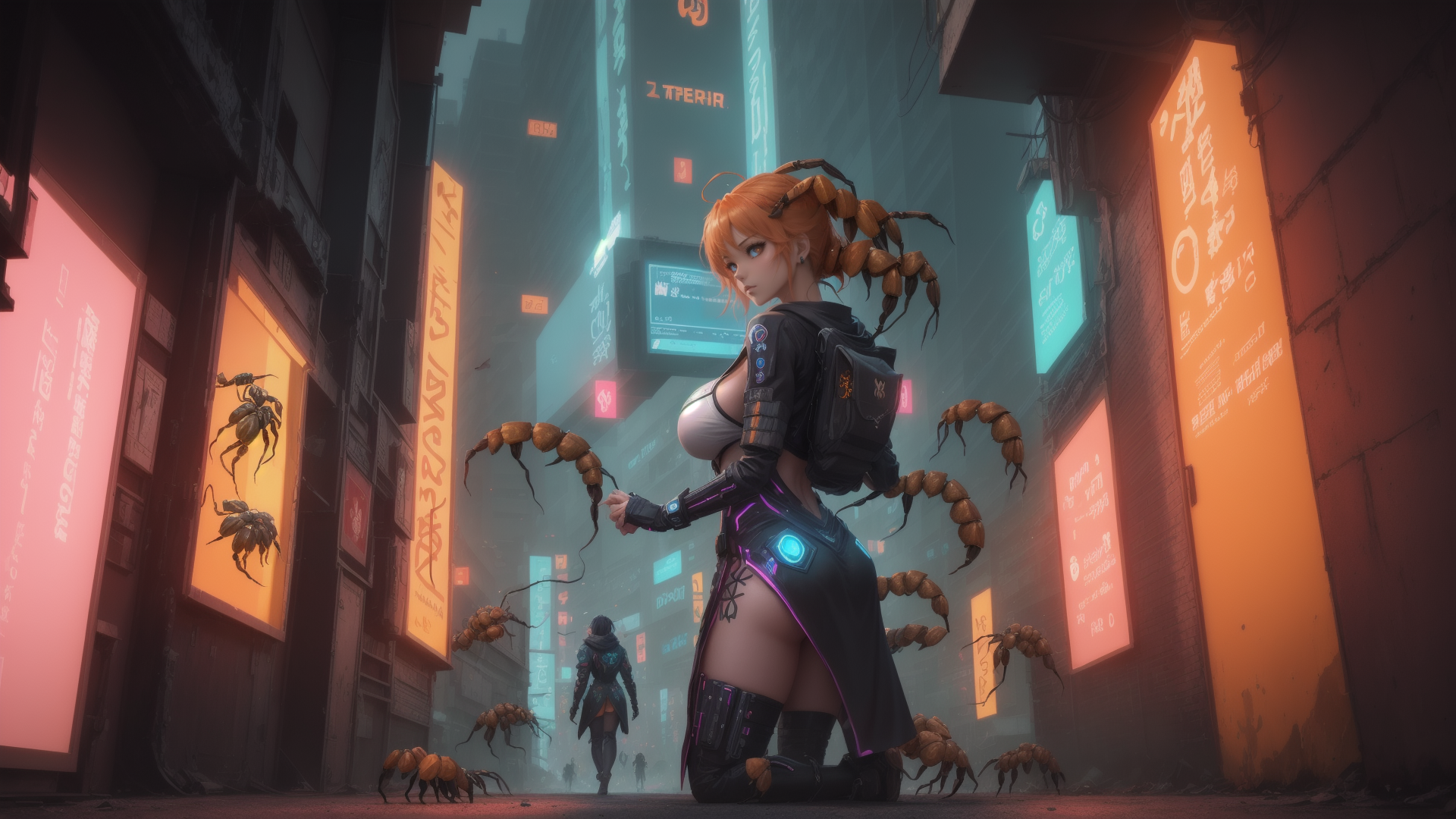 AI generated wallpaper featuring cyberpunk woman, ants, city