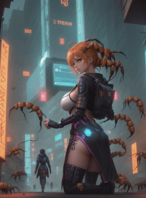 cyberpunk woman, ants, city