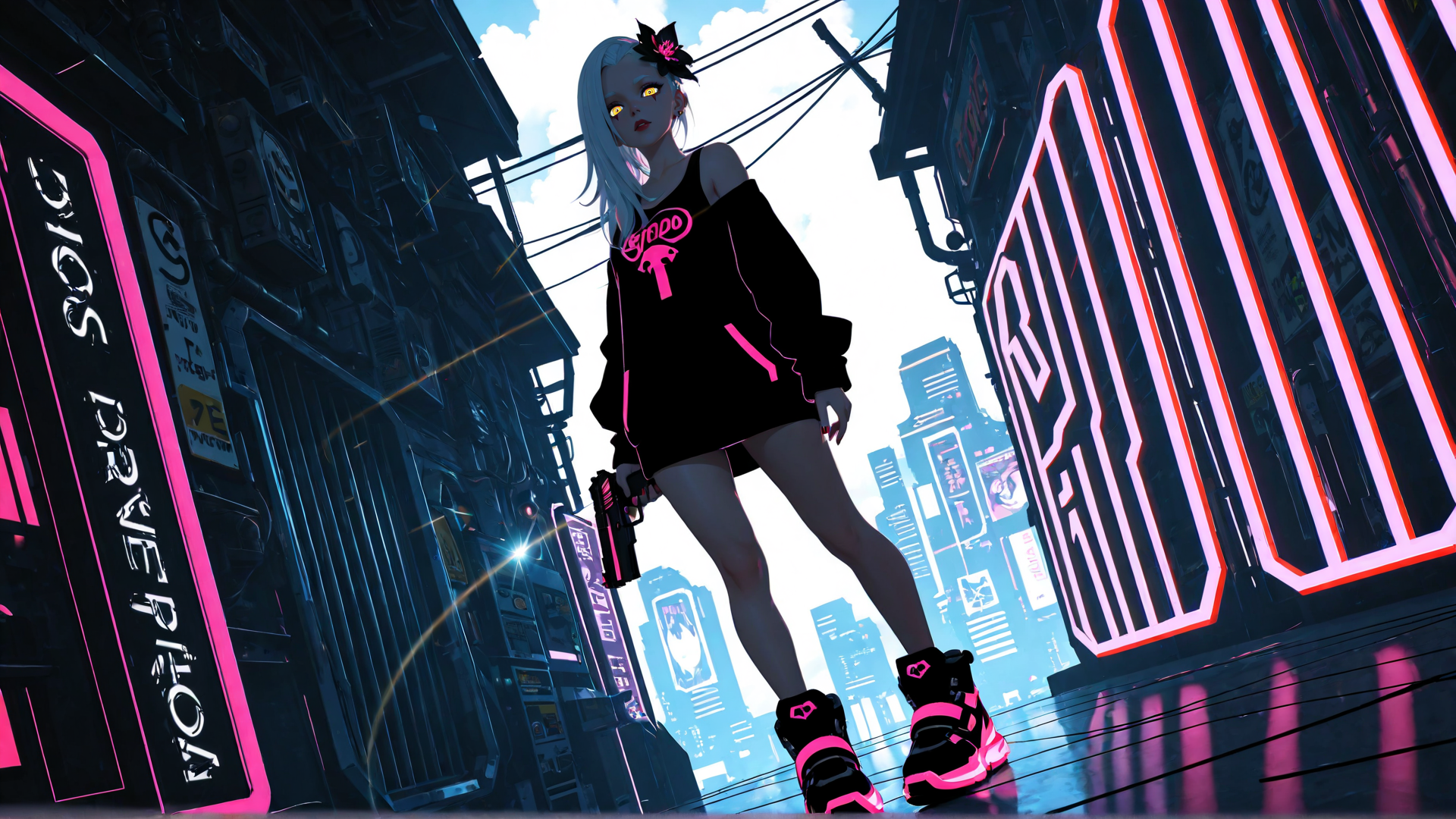 AI generated wallpaper featuring woman, cyberpunk, neon, city, gun, sneakers, sign, building, hair, outfit