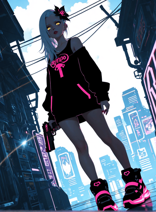 woman, cyberpunk, neon, city, gun, sneakers, sign, building, hair, outfit