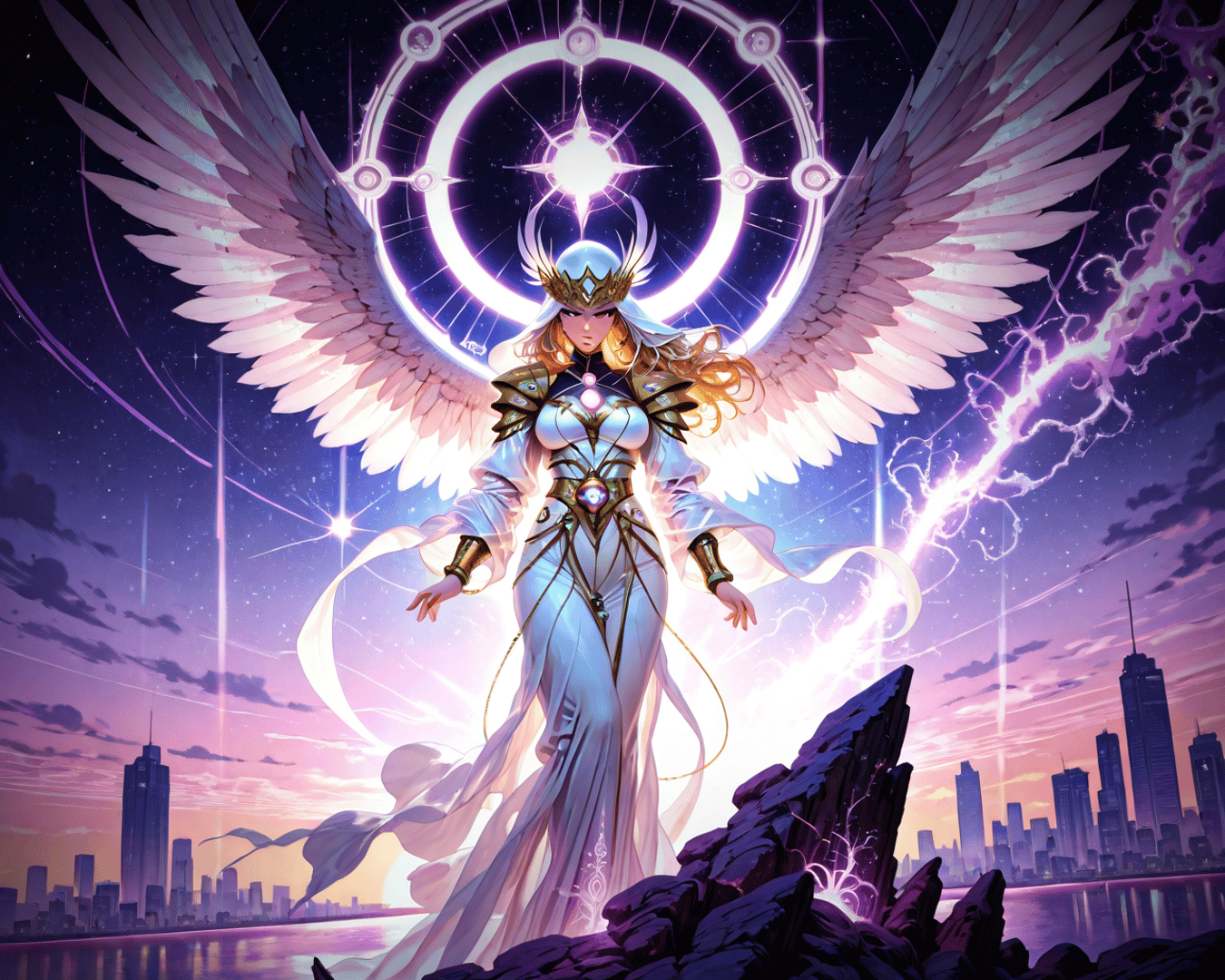 AI generated wallpaper featuring angel, divine, city