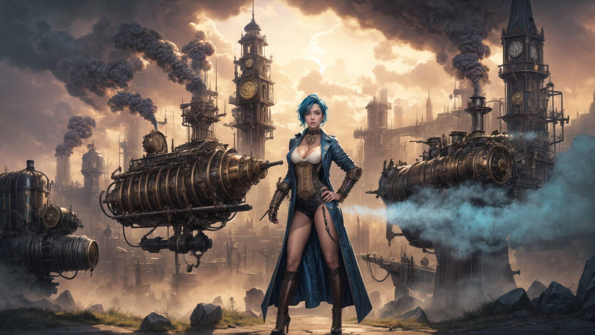 AI generated wallpaper featuring woman, steampunk, city