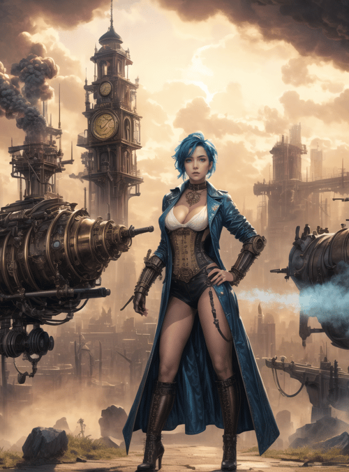 woman, steampunk, city