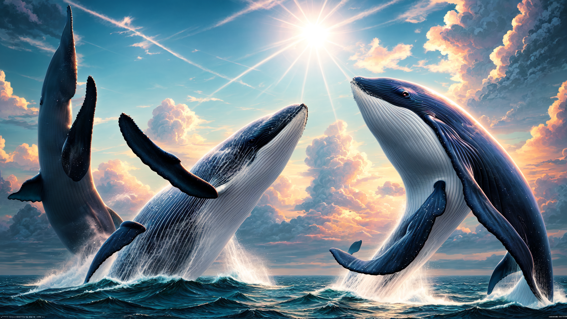 AI generated wallpaper featuring whales, ocean, sun