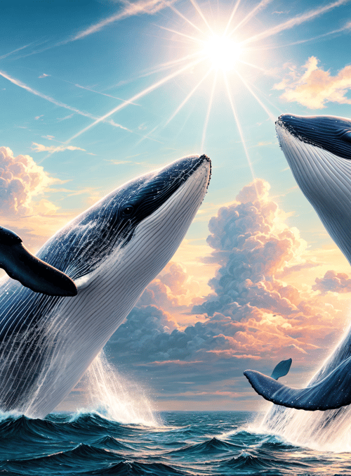 whales, ocean, sun