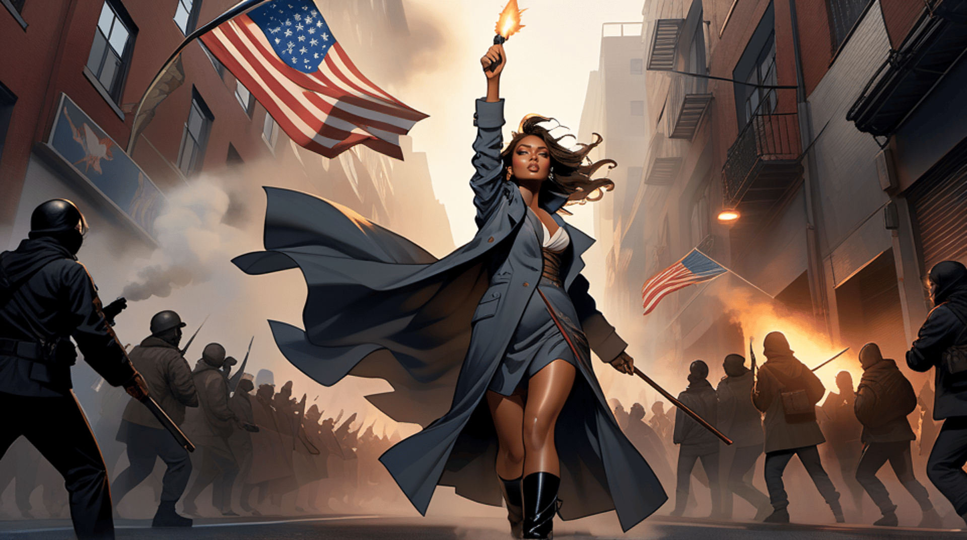 AI generated wallpaper featuring woman, protester, flag