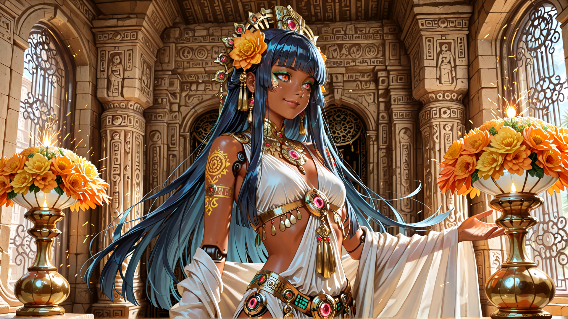 AI generated wallpaper featuring woman, pharaoh, goddess, ancient, headdress, flowers, candelabra, jewelry, scepter, temple