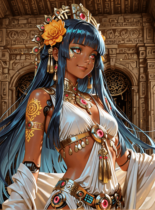 woman, pharaoh, goddess, ancient, headdress, flowers, candelabra, jewelry, scepter, temple