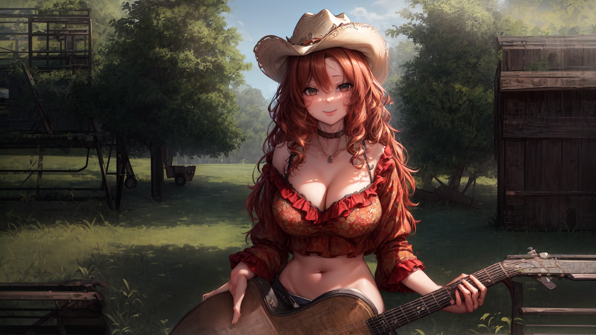AI generated wallpaper featuring cowgirl, guitar, garden