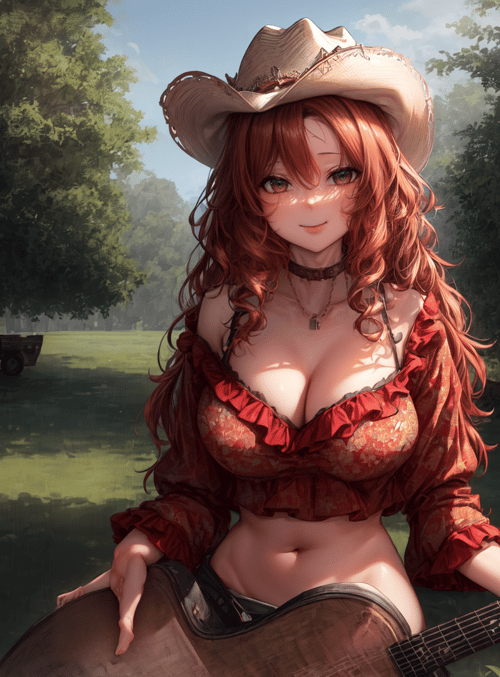 cowgirl, guitar, garden