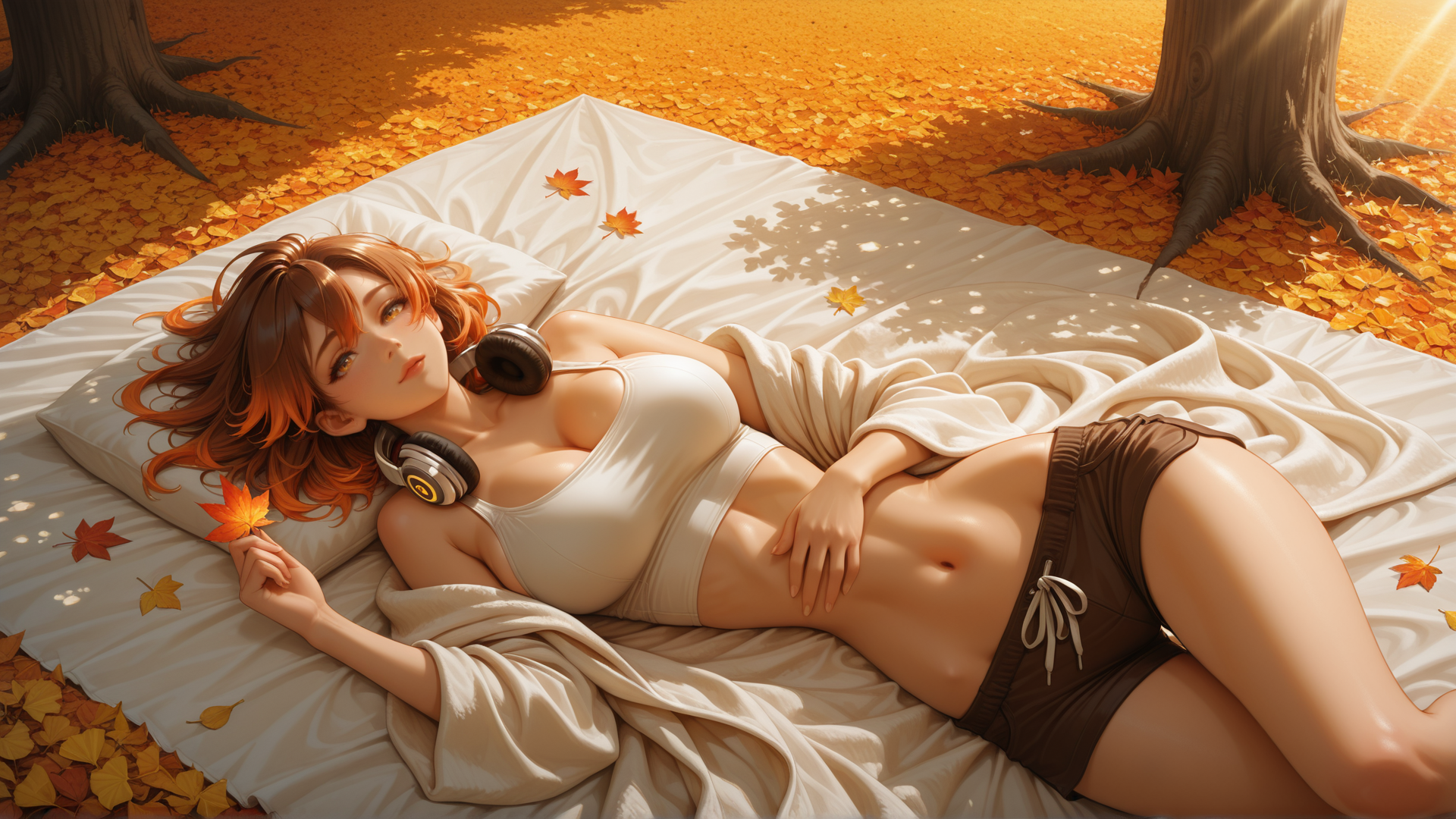 AI generated wallpaper featuring woman, leaves, headphones, blanket, trees