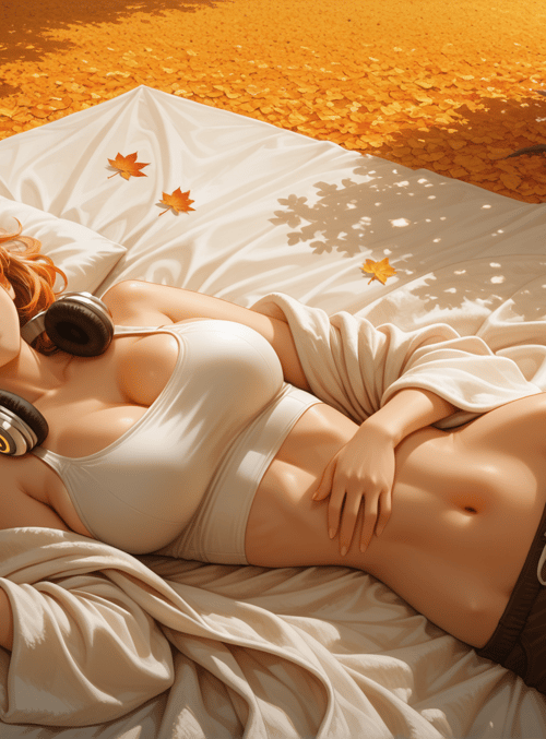 woman, leaves, headphones, blanket, trees