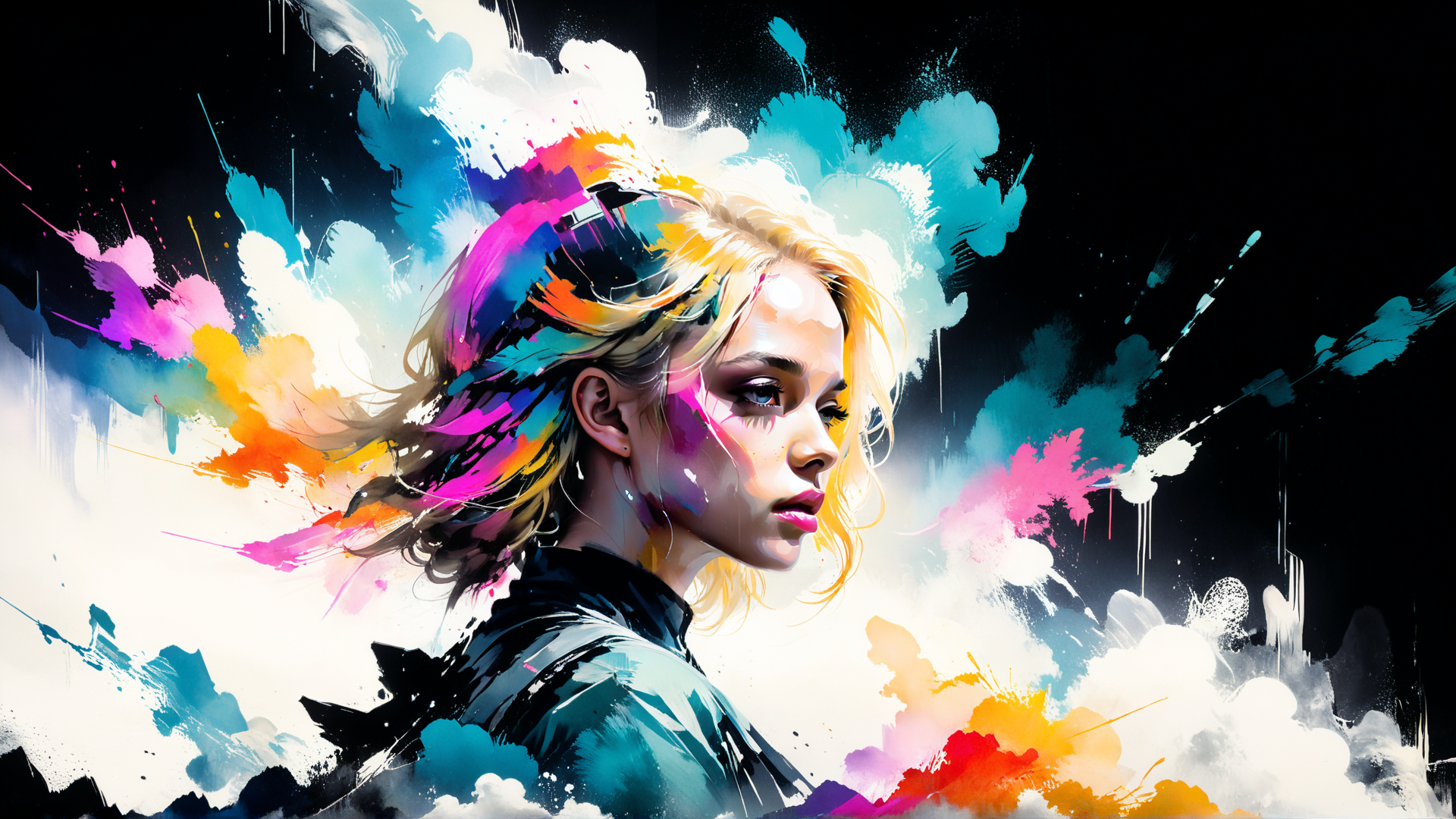 AI generated wallpaper featuring woman, paint, art, splash, hair, colors