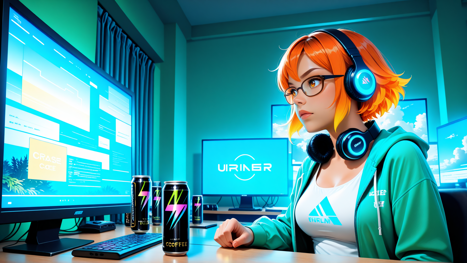 AI generated wallpaper featuring person, computer, monitor, headphones, can, keyboard, curtains, glasses