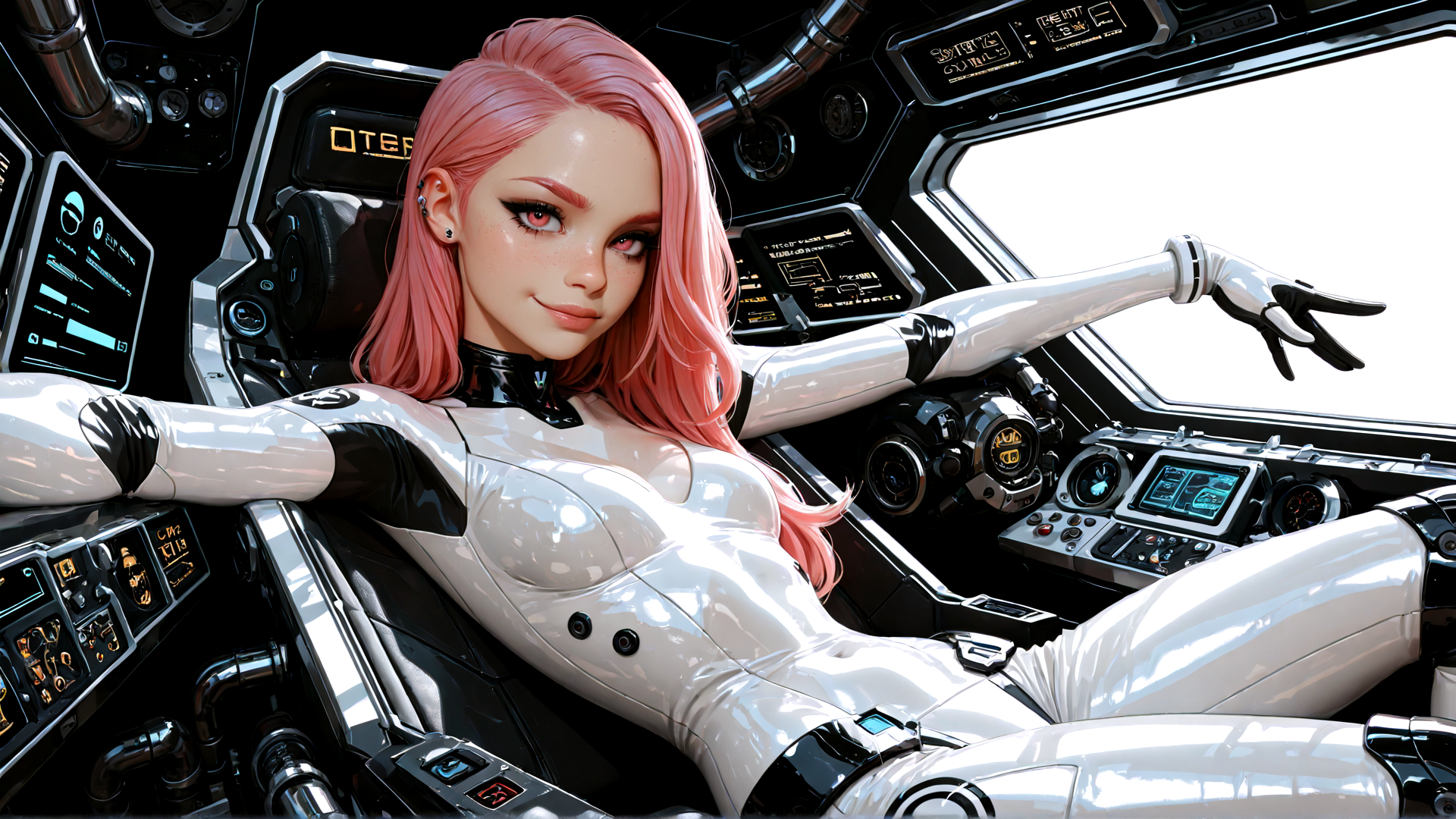 AI generated wallpaper featuring cyborg, pilot, spaceship, gloves, robotic arm, neon, control panel, chair, laptop, screen