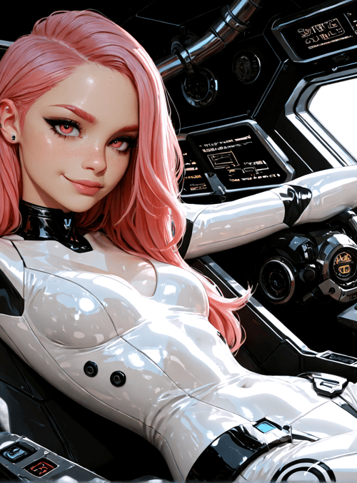 cyborg, pilot, spaceship, gloves, robotic arm, neon, control panel, chair, laptop, screen