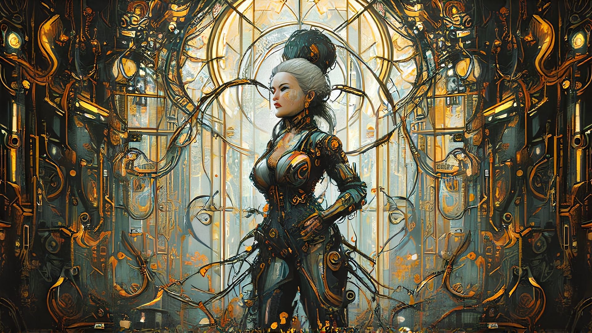 AI generated wallpaper featuring woman, cyborg, robot, mechanical, artificial