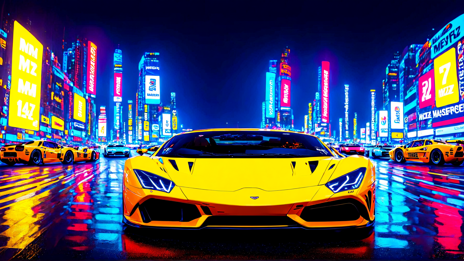 AI generated wallpaper featuring sports car, cityscape, neon lights, yellow car, cars, buildings, street, signs, nightscape, racing