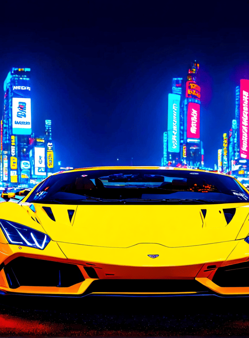 sports car, cityscape, neon lights, yellow car, cars, buildings, street, signs, nightscape, racing