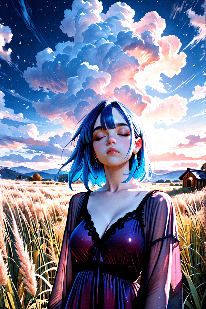 AI generated wallpaper featuring woman, field, cloud, house, grass, sky