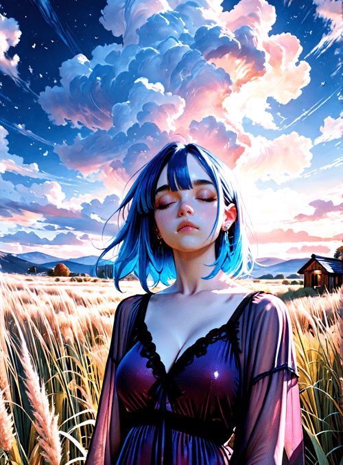 woman, field, cloud, house, grass, sky