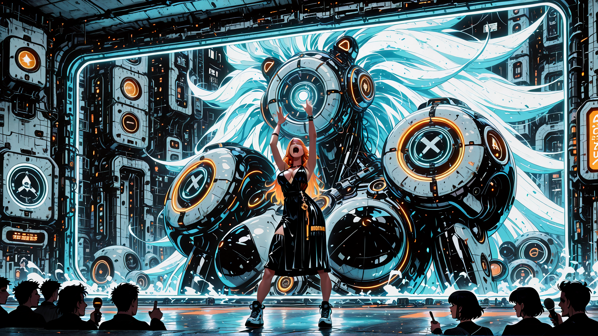 AI generated wallpaper featuring woman, robot, screen, audience, city, light, hair, machine, stage, glasses