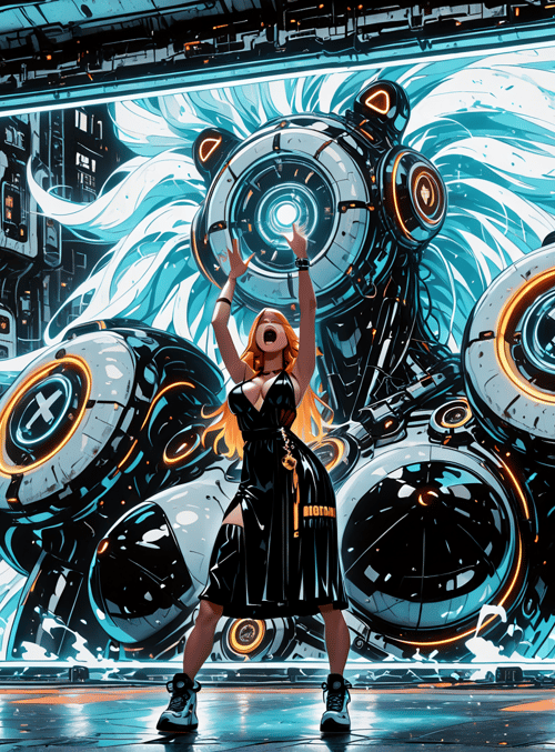 woman, robot, screen, audience, city, light, hair, machine, stage, glasses