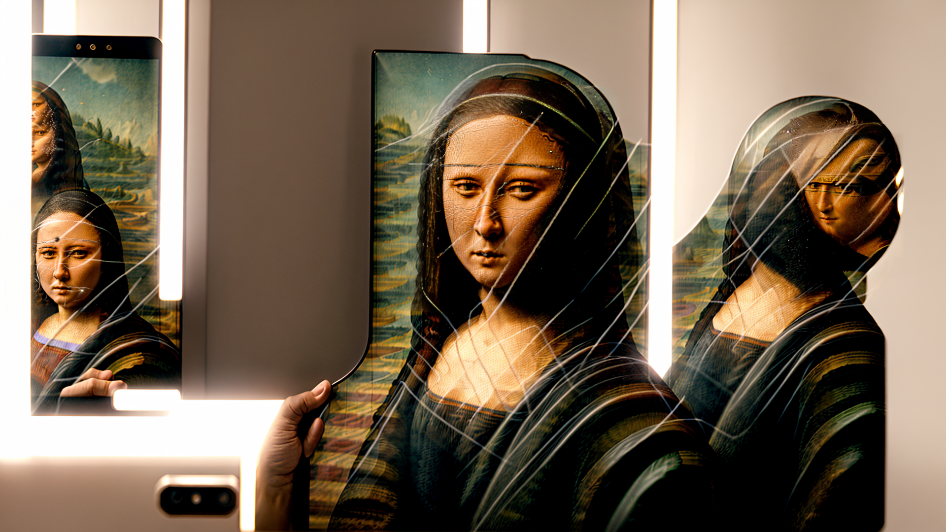 AI generated wallpaper featuring mona lisa, mirror, reflection