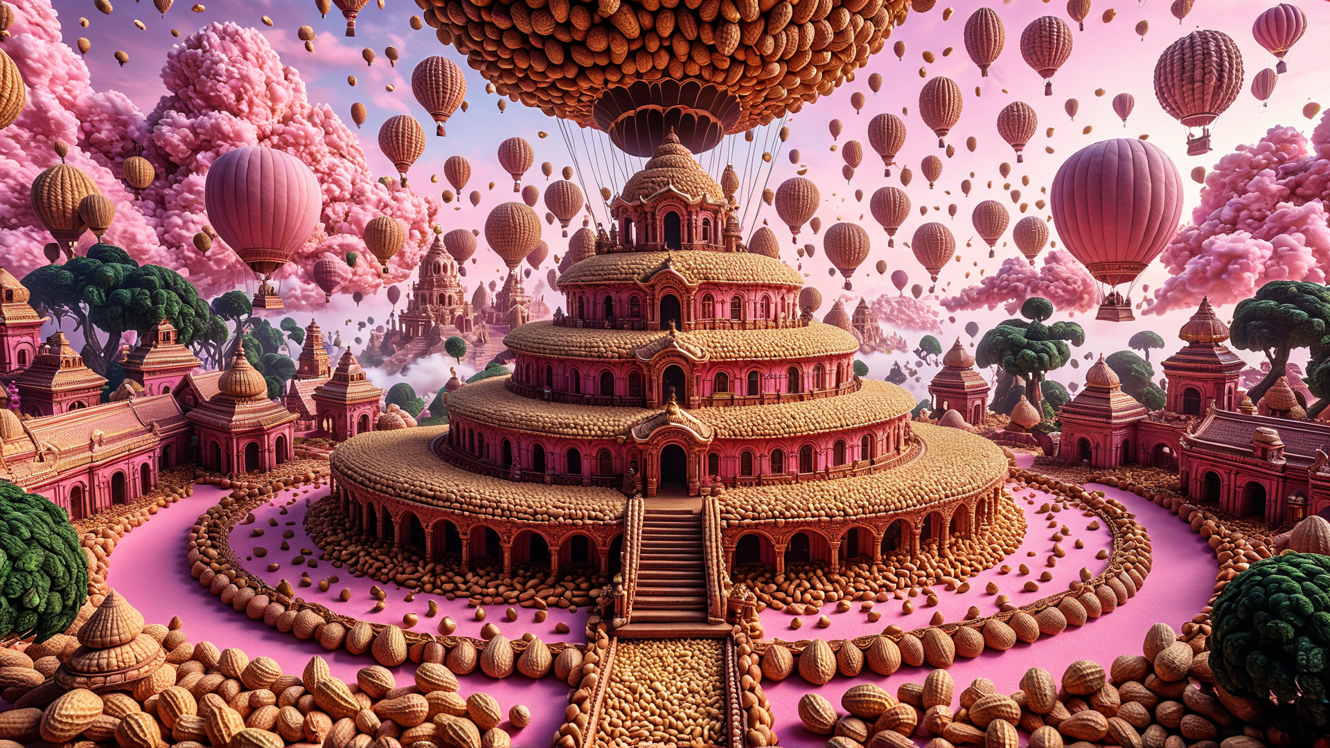 AI generated wallpaper featuring castle, hot air balloon, peanut, tree, cloud, building, sky, path, balloon, structure