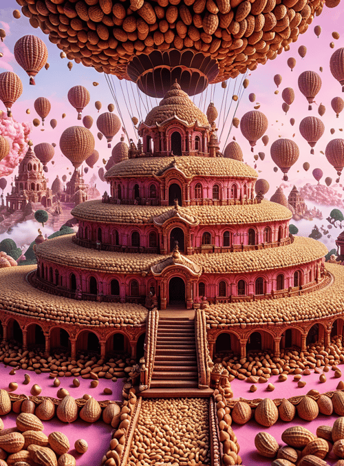 castle, hot air balloon, peanut, tree, cloud, building, sky, path, balloon, structure
