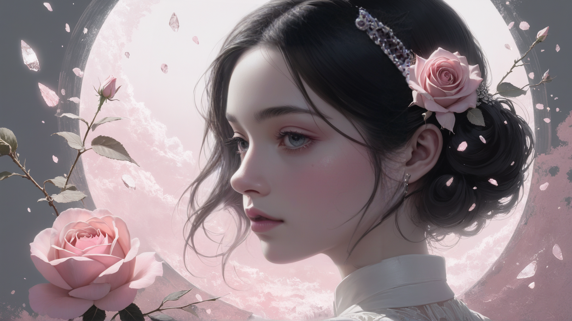 AI generated wallpaper featuring woman, rose, moon