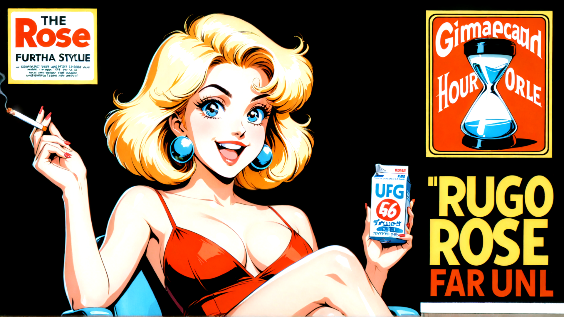 AI generated wallpaper featuring woman, cigarette, cartoon, ad, hourglass, milk, earring, dress, text, package