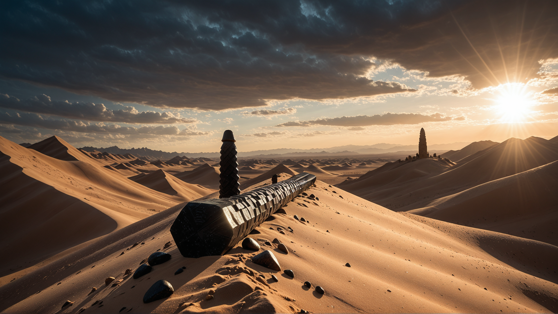 AI generated wallpaper featuring desert, sand dunes, monument, sunset, sun, rocks, dune, sky, clouds, structure