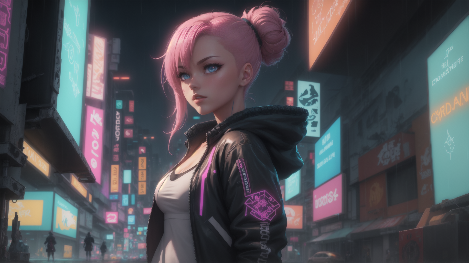 AI generated wallpaper featuring woman, cyberpunk, city