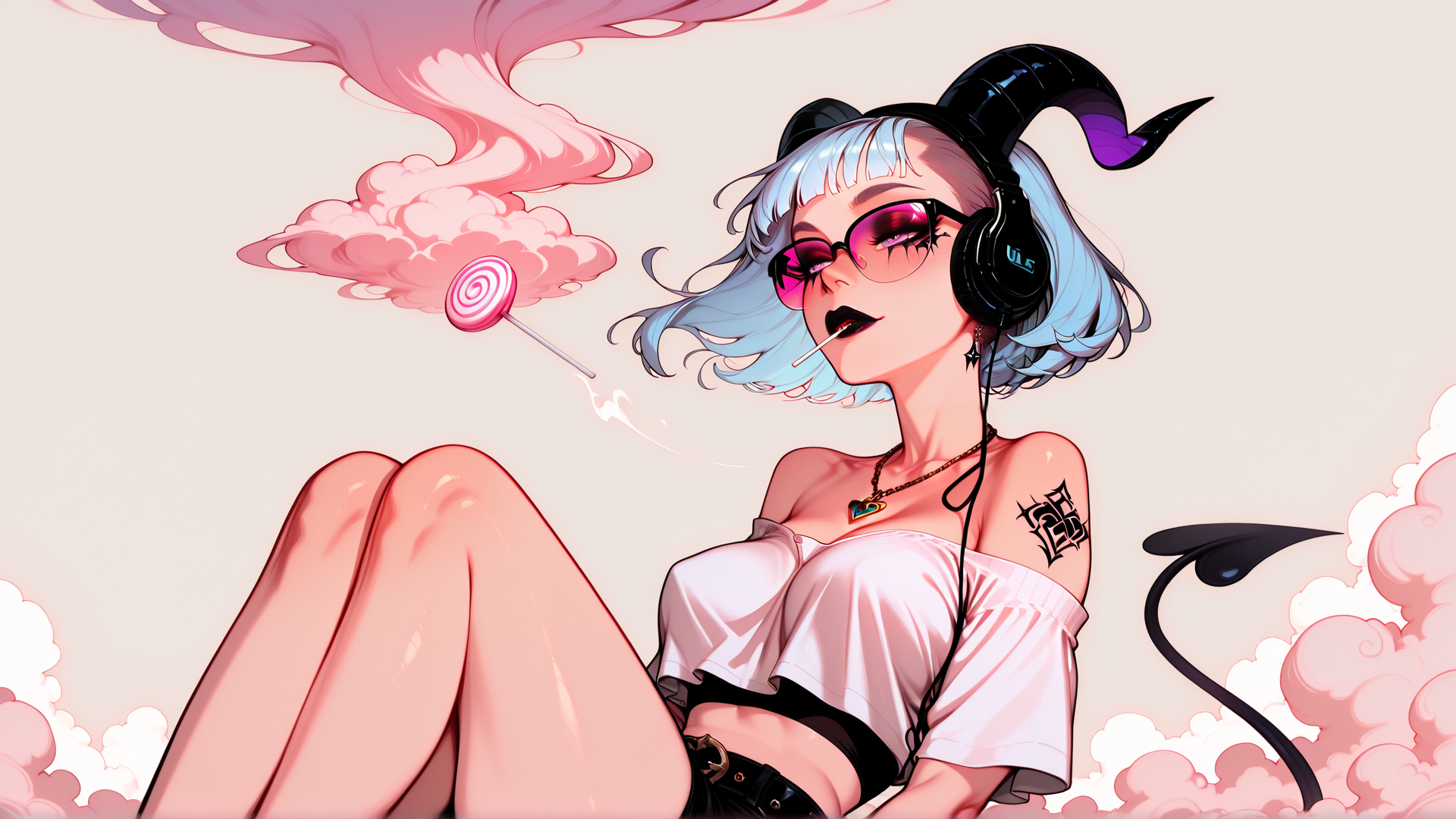 AI generated wallpaper featuring devil, woman, lollipop, clouds, headphones, tattoo, sunglasses, candy, tail, sweater