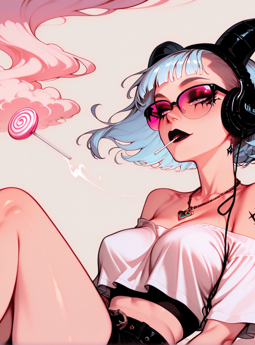 devil, woman, lollipop, clouds, headphones, tattoo, sunglasses, candy, tail, sweater