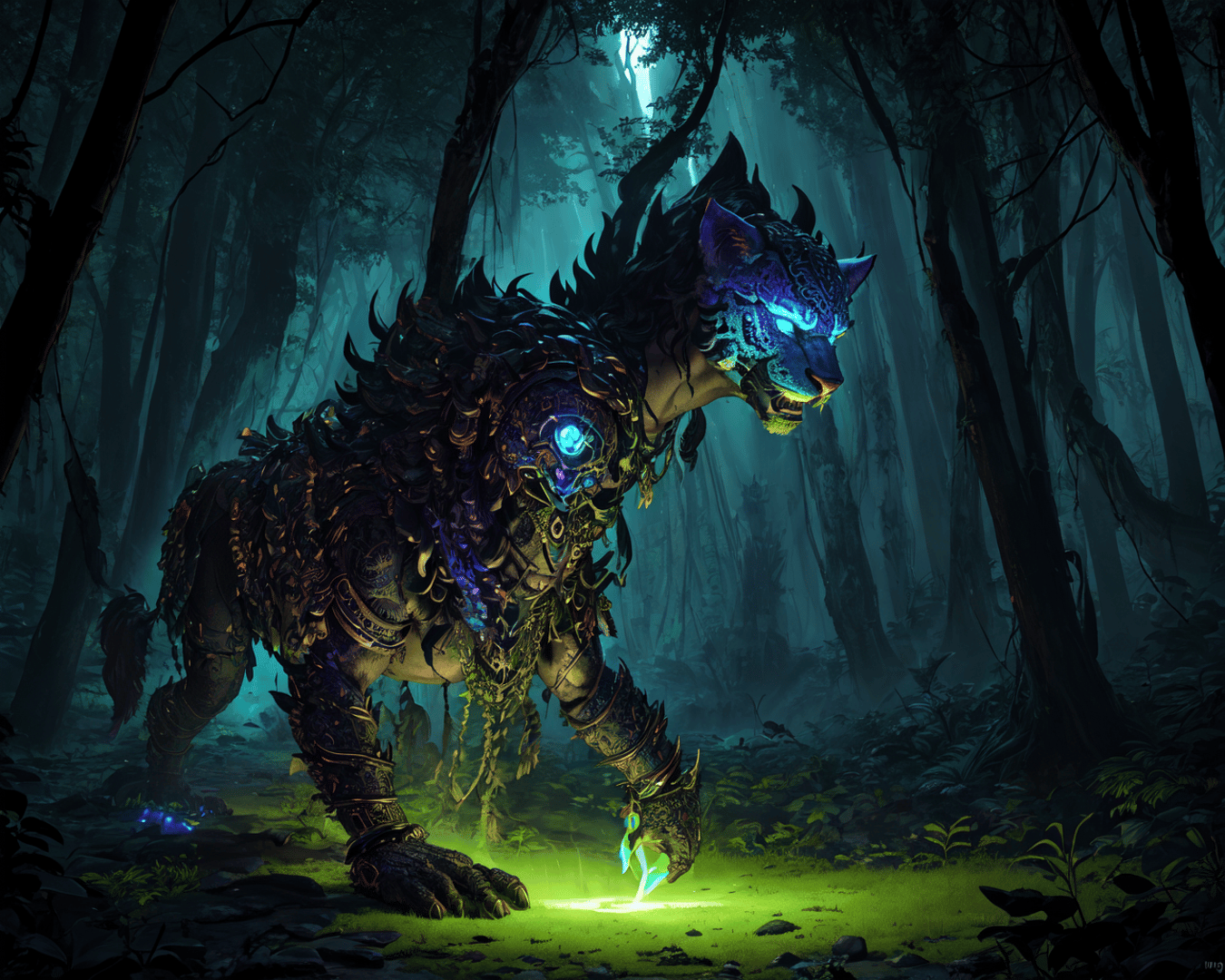 AI generated wallpaper featuring mythical beast, forest creature, glowing wolf