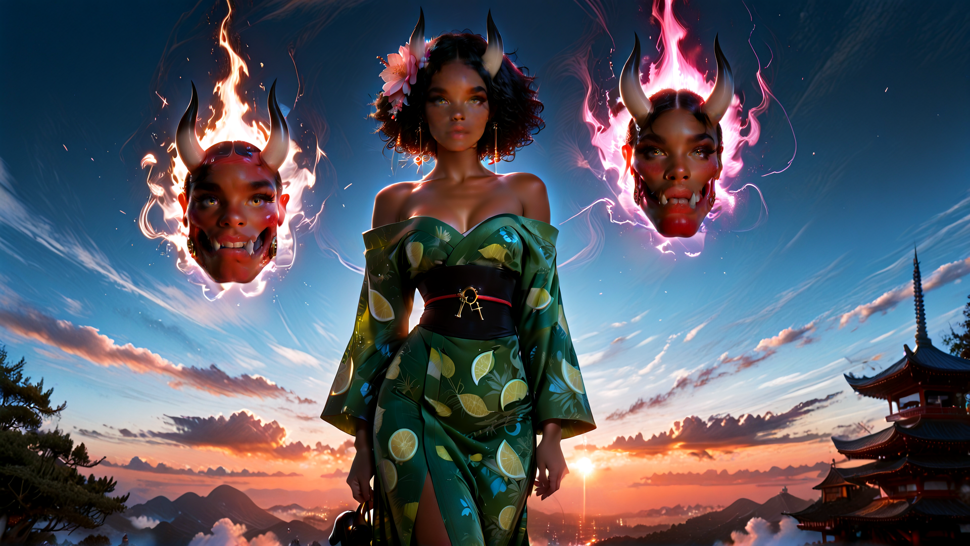 AI generated wallpaper featuring woman, devil heads, kimono, lemons, flowers, horns, temple