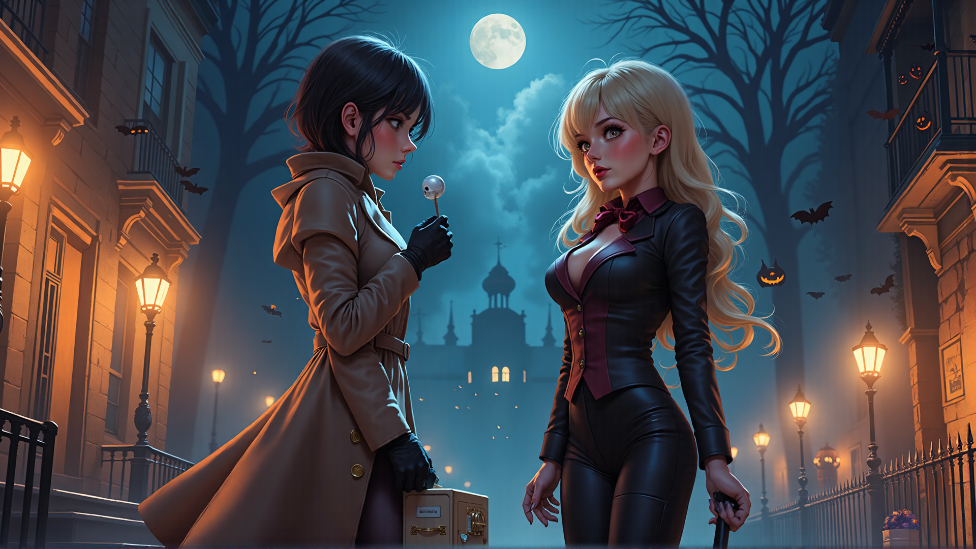 AI generated wallpaper featuring woman, girl, lady, coat, bat, moon, lantern, building, street, hat