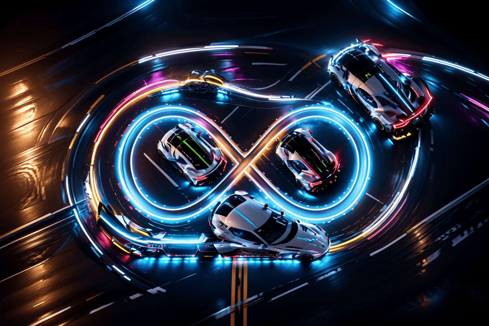 AI generated wallpaper featuring cars, neon, racetrack