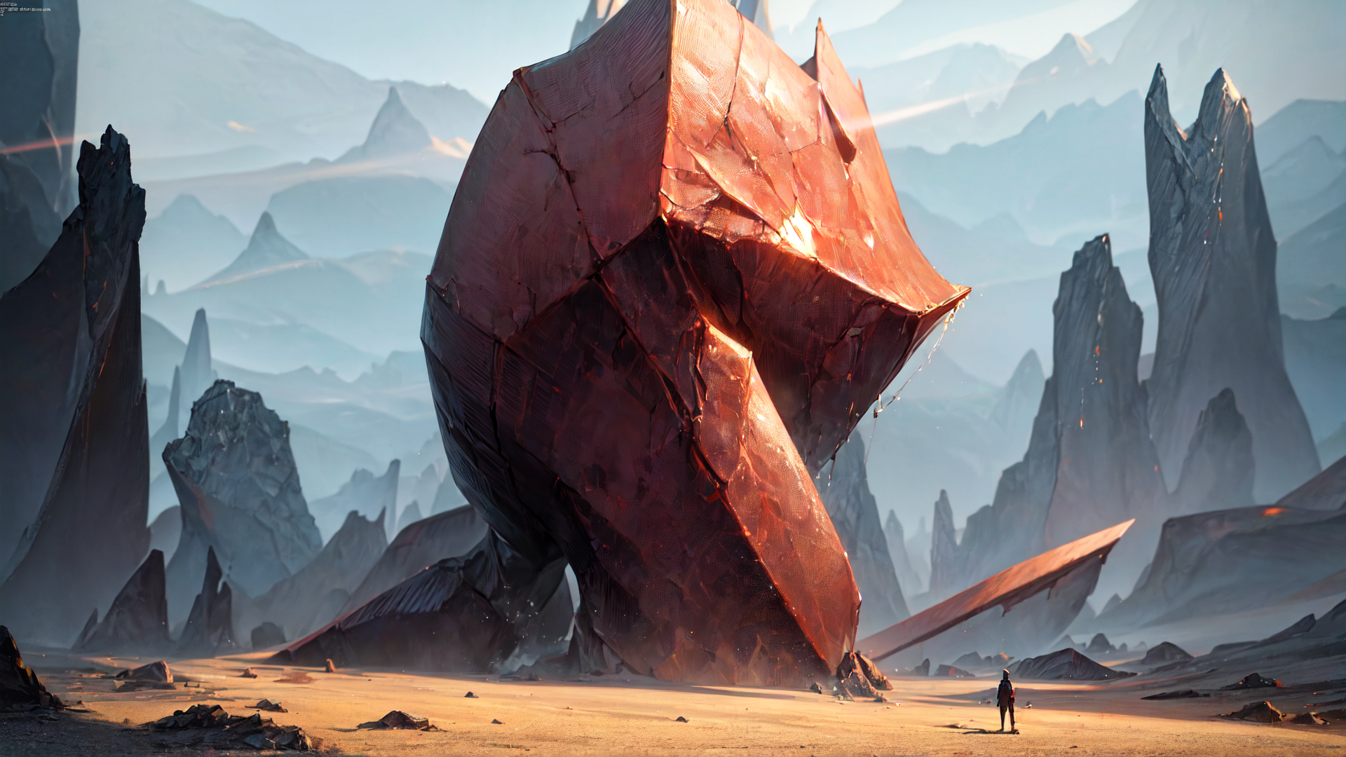 AI generated wallpaper featuring alien, monument, explorer