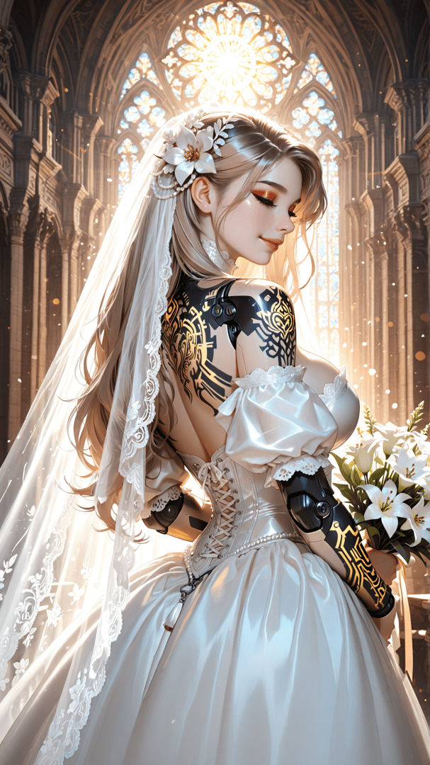 AI generated wallpaper featuring bride, cyborg, wedding dress, stained glass, church