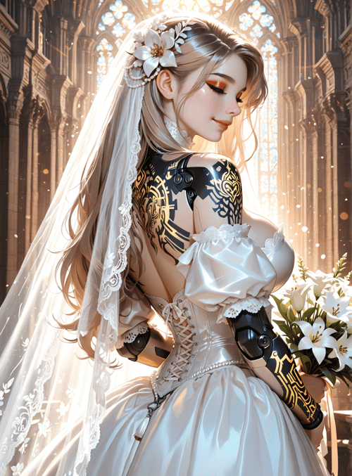 bride, cyborg, wedding dress, stained glass, church