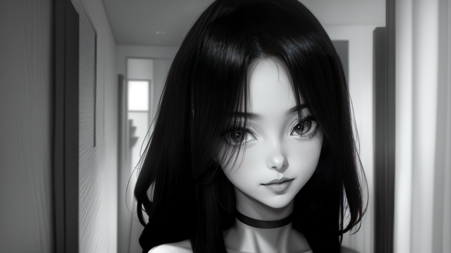 AI generated wallpaper featuring woman, hair, choker