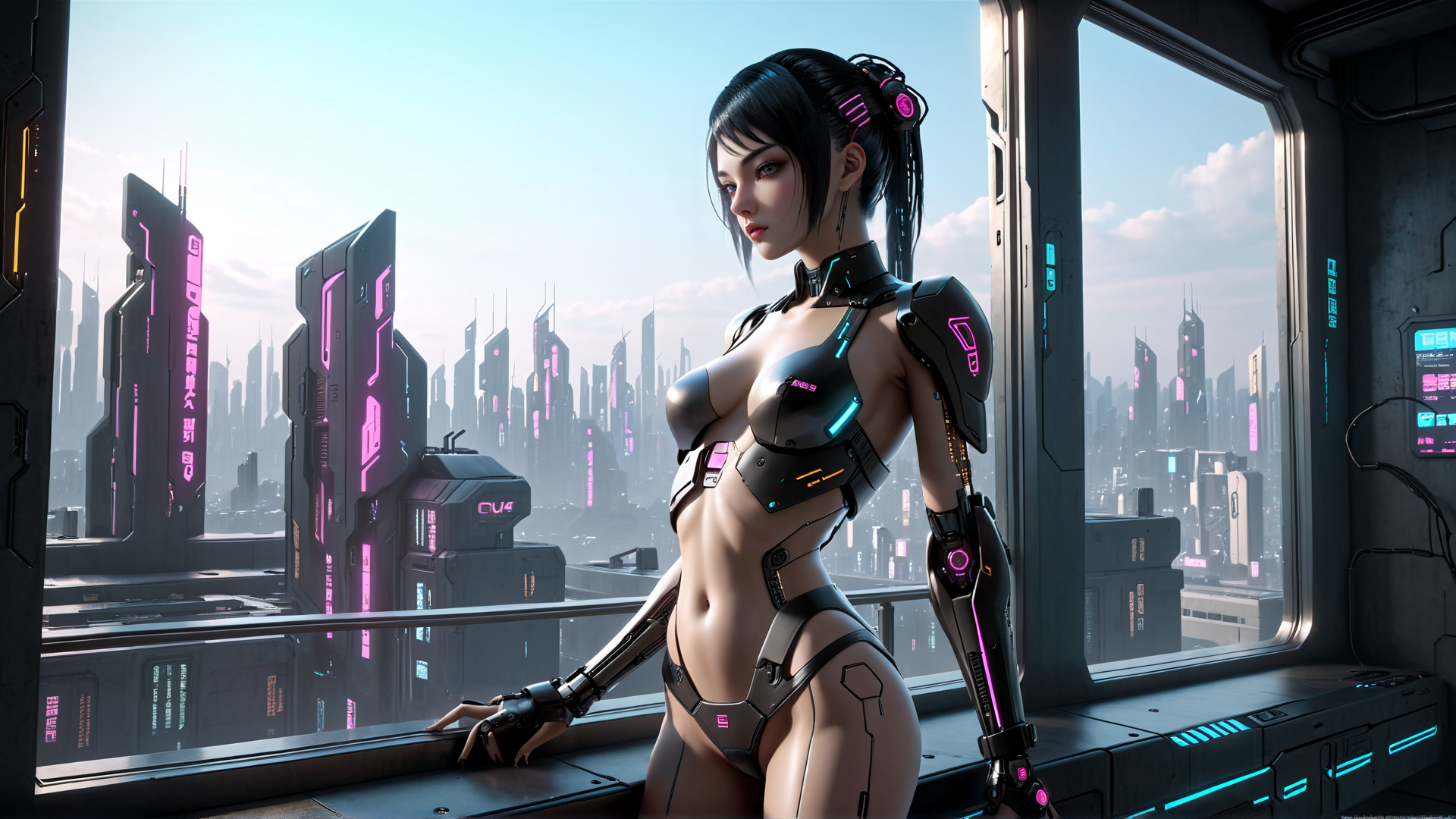 AI generated wallpaper featuring cyborg, woman, cityscape