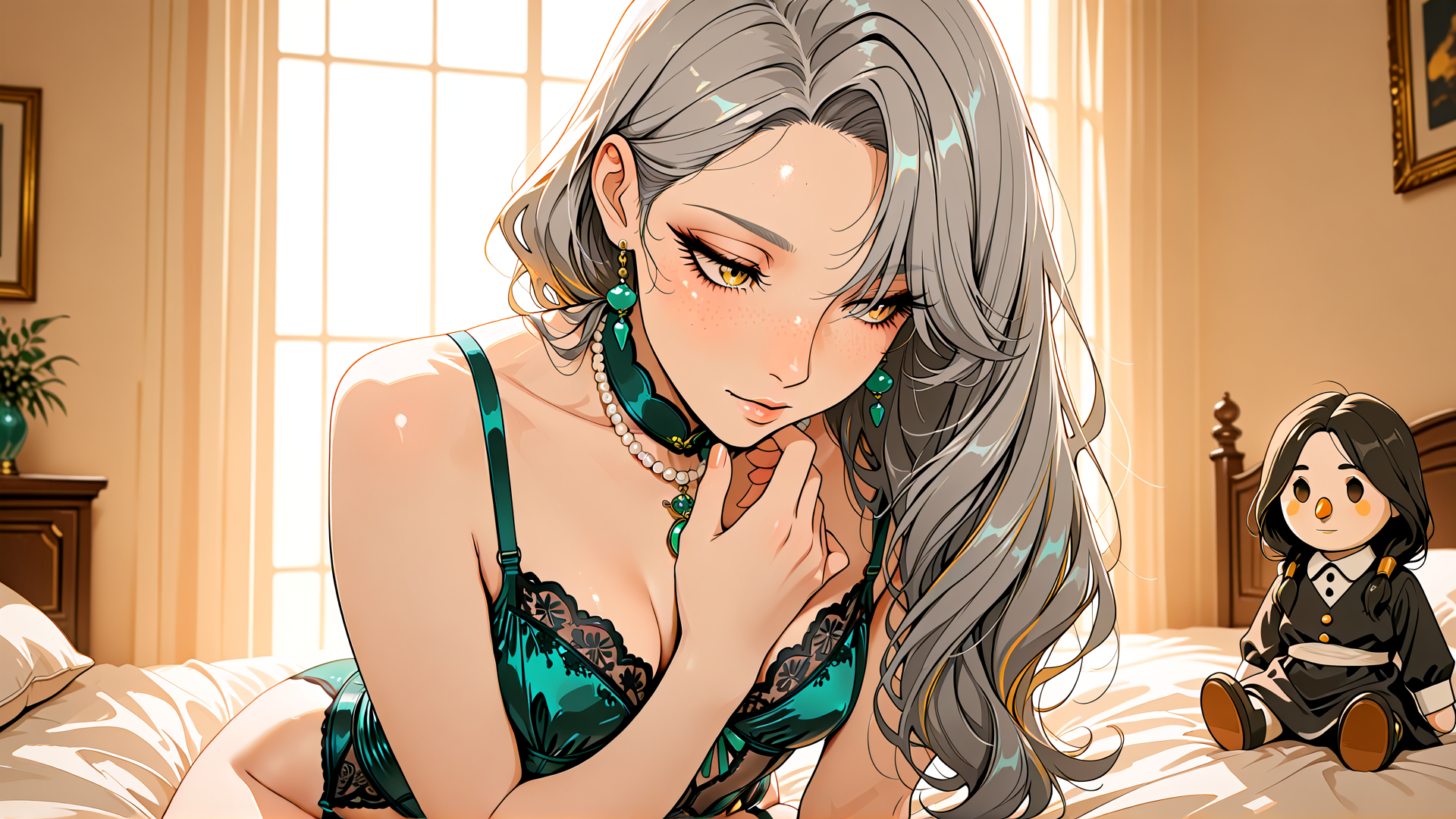 AI generated wallpaper featuring woman, doll, bed, window, curtains, dresser, plant, earrings, necklace, bra