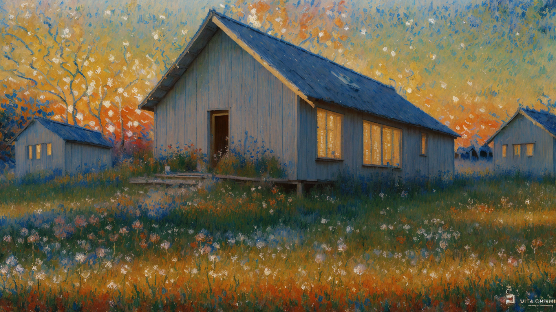 AI generated wallpaper featuring house, field, trees