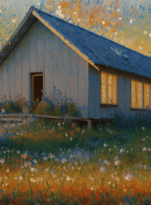 house, field, trees
